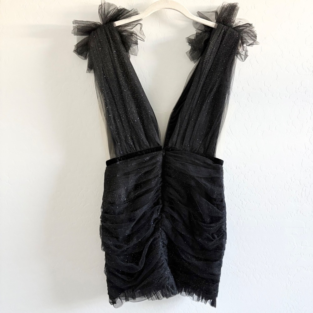SAULEE Revolve harlie Black Glitter‎ Tulle Ruched V Neck Mini Dress Size US 6 - Picture 4 of 8